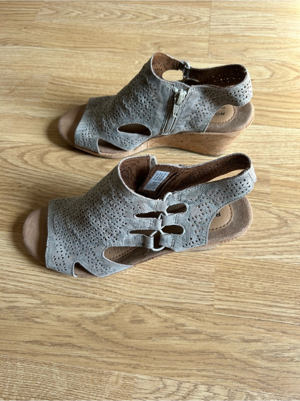 Rockport Taupe Perforated Suede Wedge Sandals